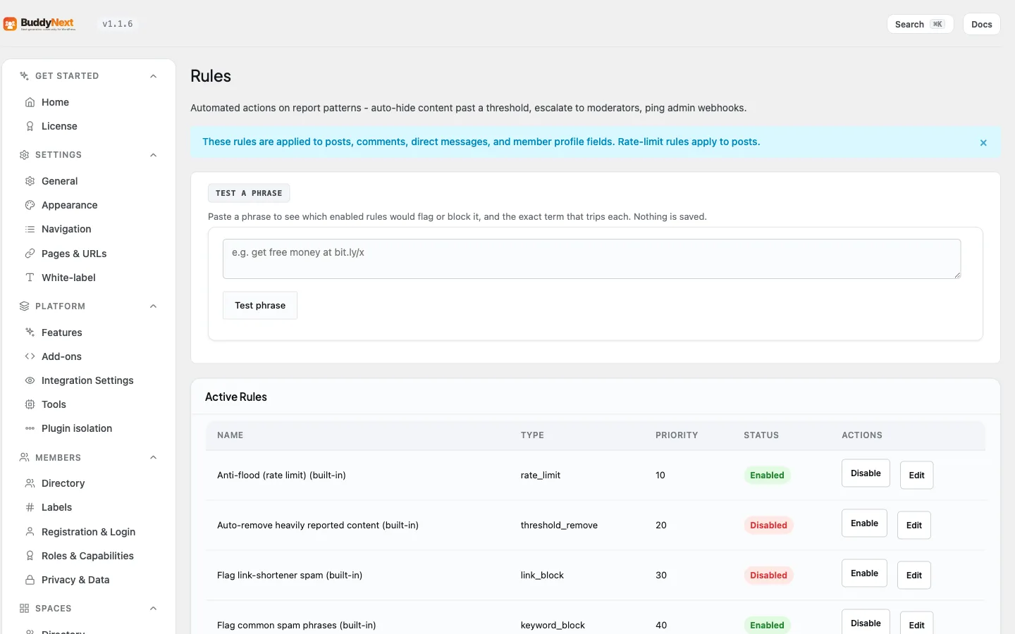 The Moderation > Rules admin tab where you define auto-moderation rules and thresholds