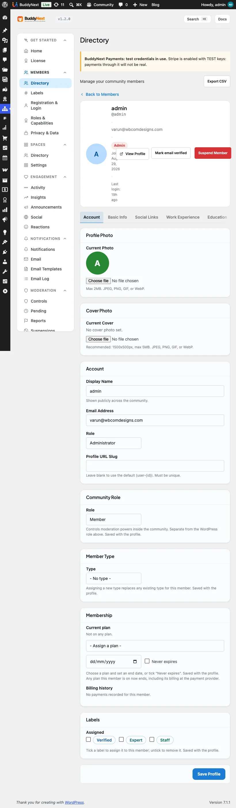 The wp-admin Edit Member view: the member hero with View Profile, Mark email verified, and Suspend actions, and the Account tab with profile photo, account details, community role, member type, membership, and labels