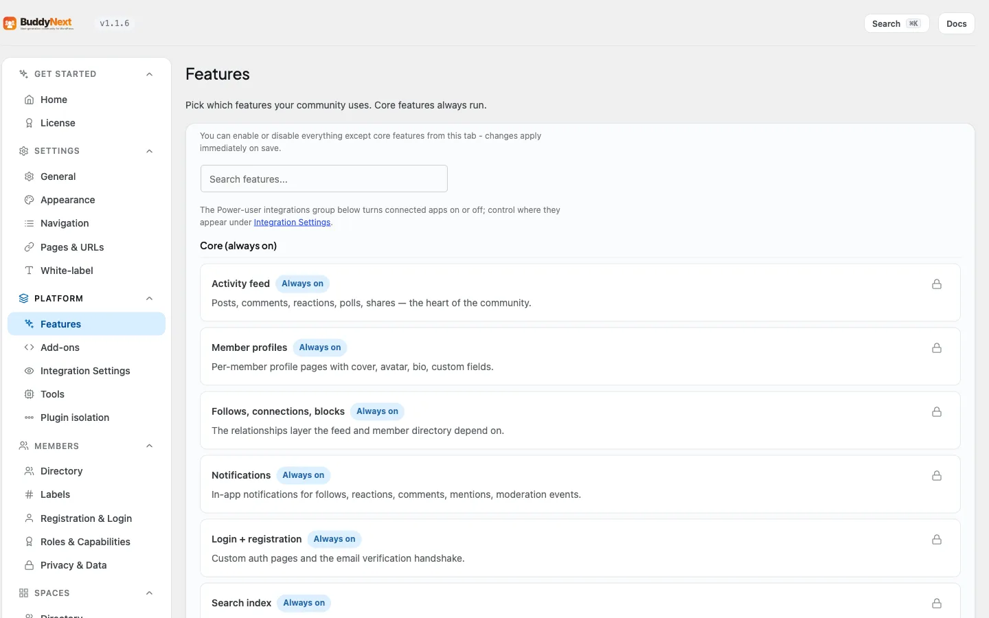The Platform Features admin tab shared across the Free/Pro coupling this contract page defines