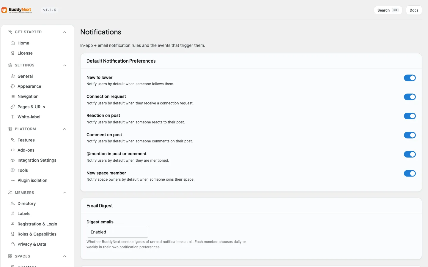 The admin Notifications tab, where site-wide notification defaults and channels are configured