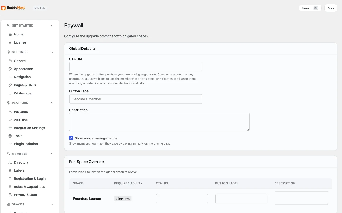 The Monetization > Paywall tab where the upgrade prompt for gated spaces is configured