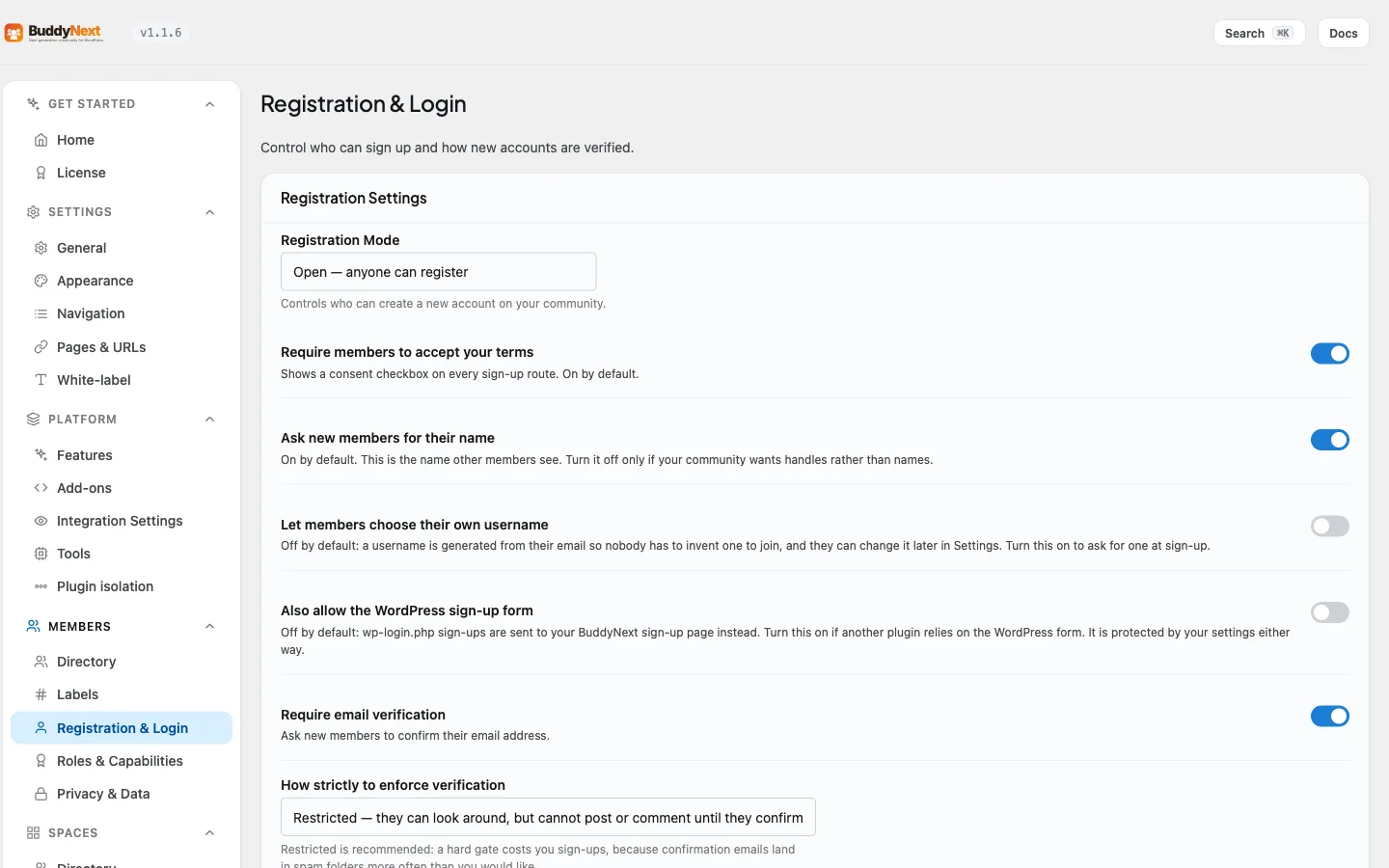 Members - Registration & Login admin tab where the site owner configures the login panel and registration mode