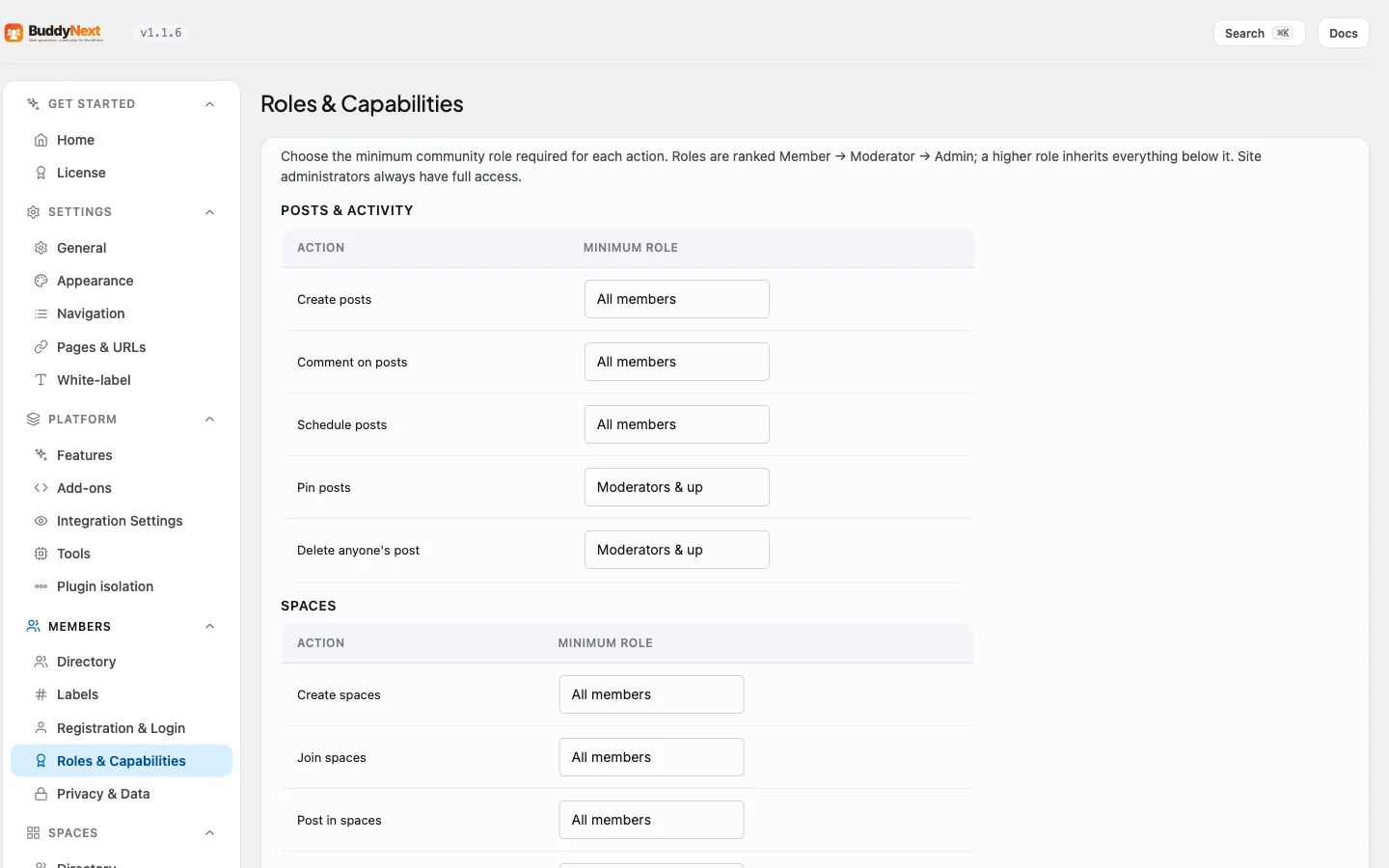 The Members Roles admin tab gated by the capability model and buddynext_can() entry point documented here