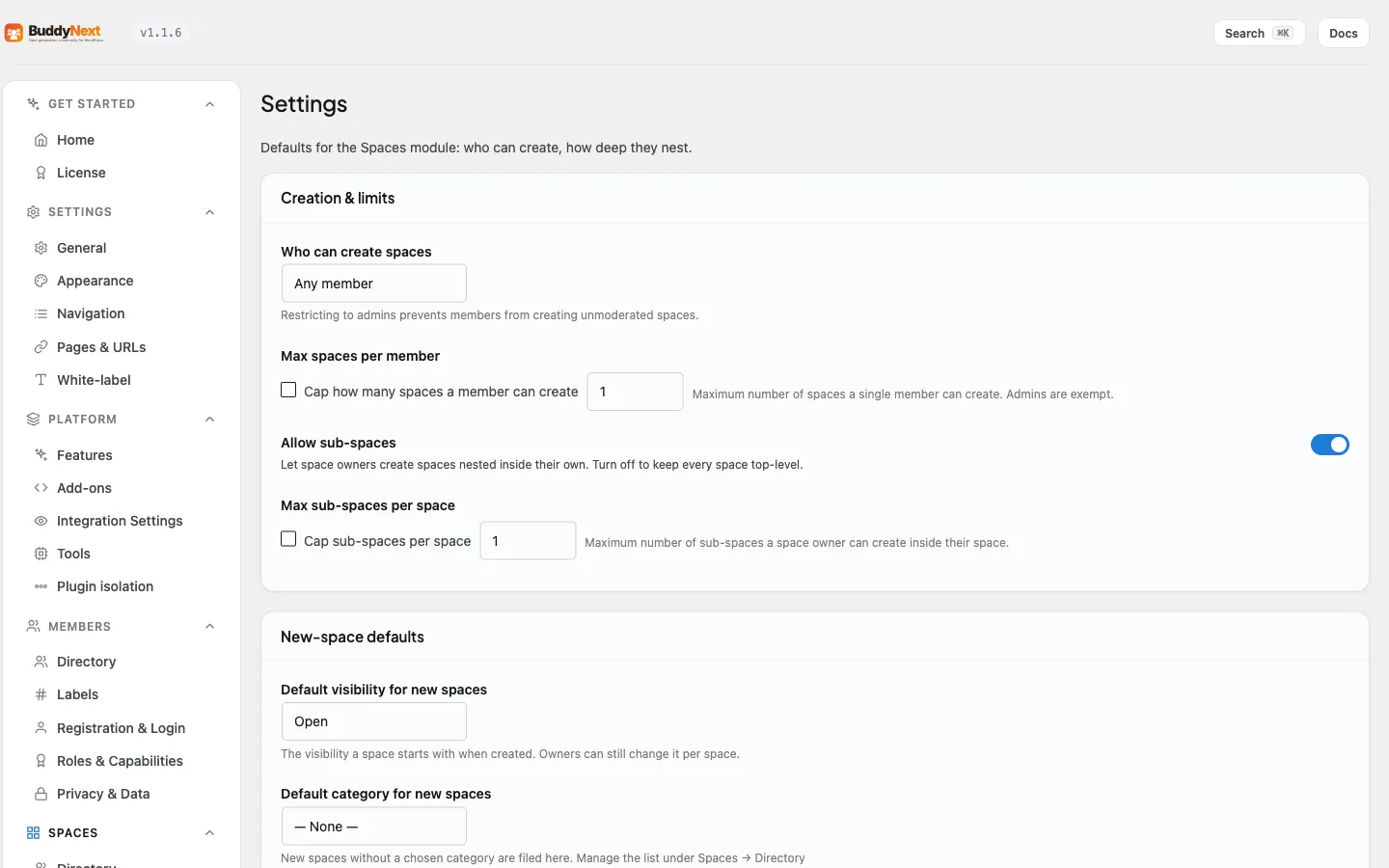 Spaces - Settings admin tab controlling who can create spaces and the new-space defaults