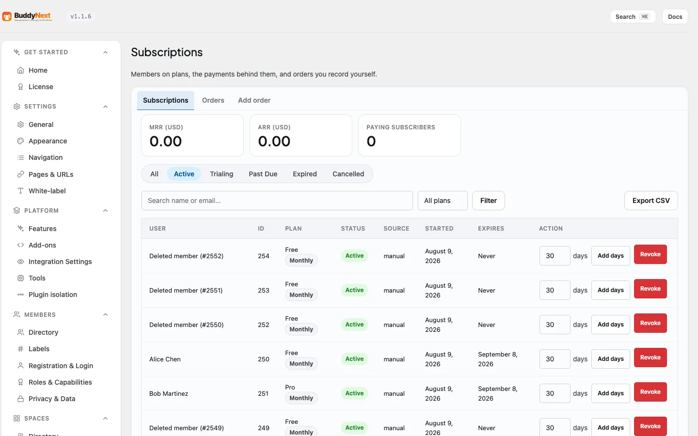 BuddyNext membership plans, showing access granted from a WooCommerce order