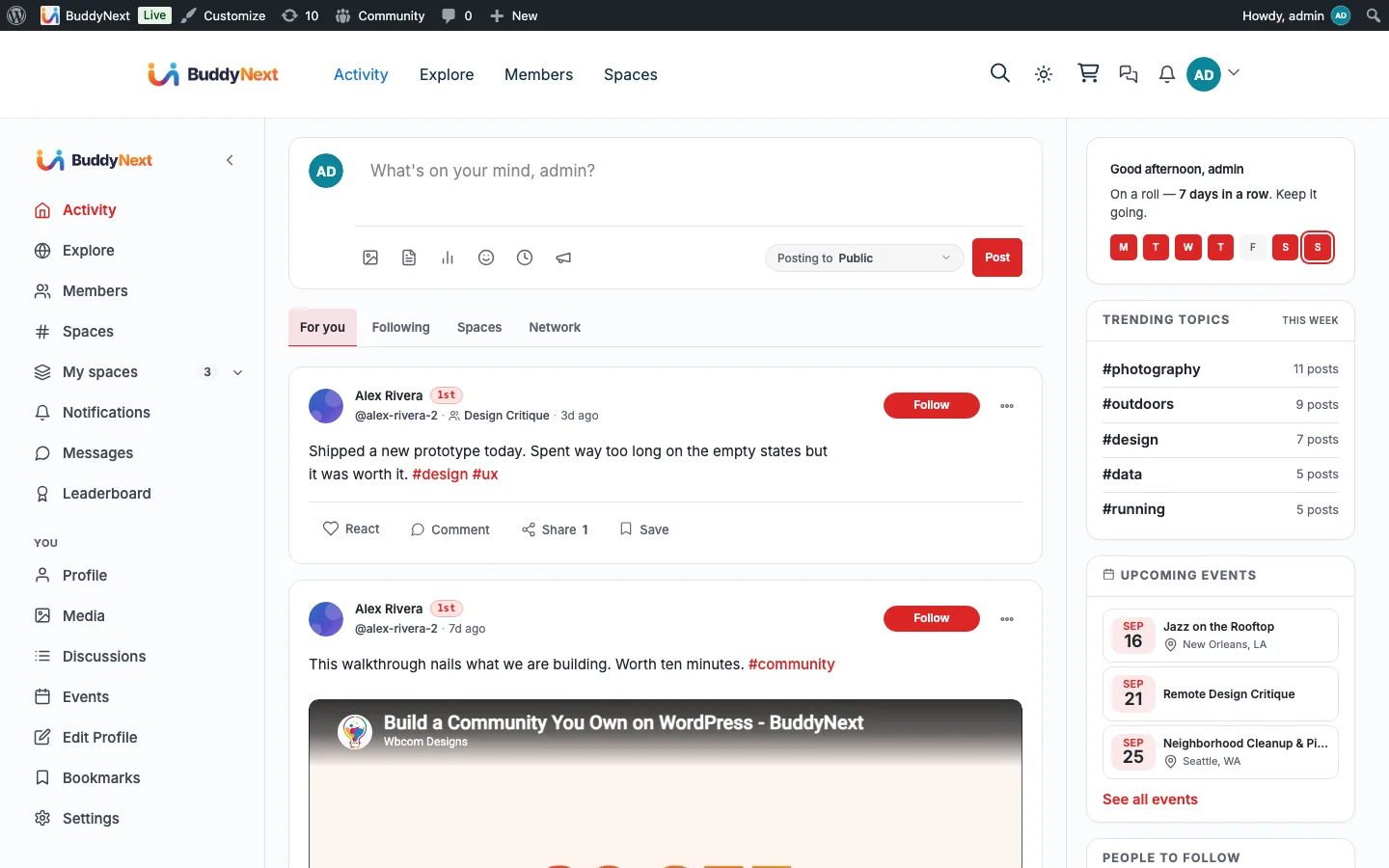 The seeded activity feed you verify against once the WP-CLI demo data is in place