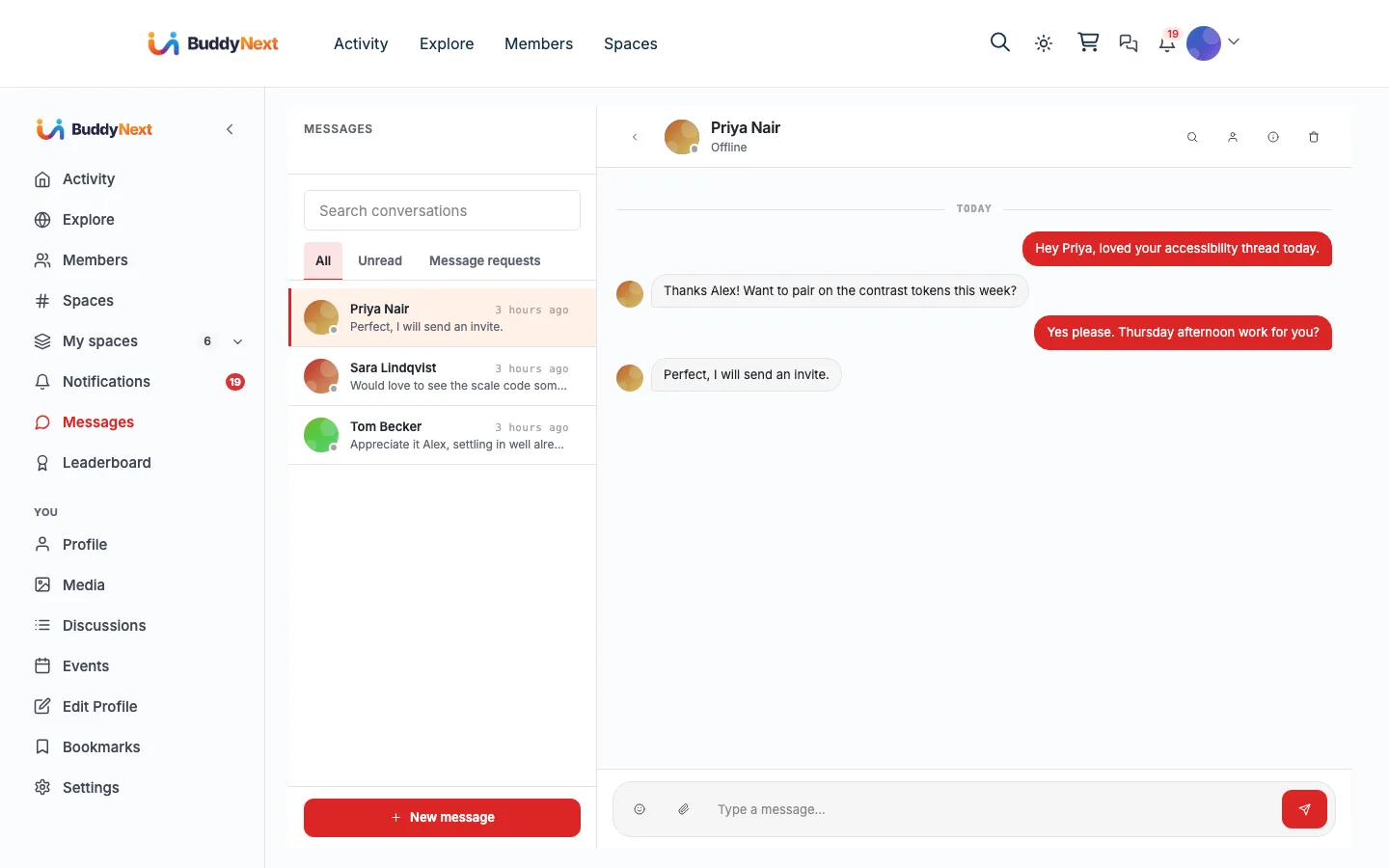 BuddyNext direct messaging, powered by the WPMediaVerse engine