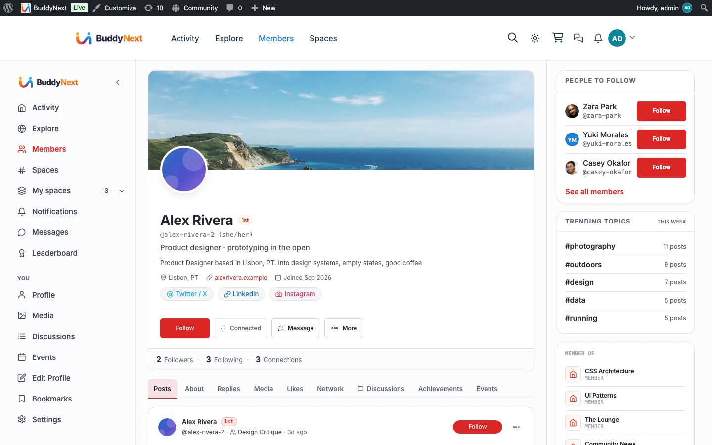 A member profile whose primary tabs are resolved through the Nav registry documented here