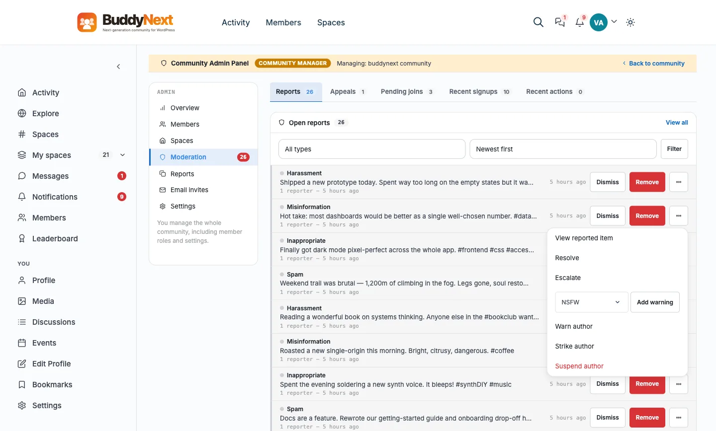 The moderation queue backed by the bn_reports, strikes, suspensions, and audit-log tables documented here