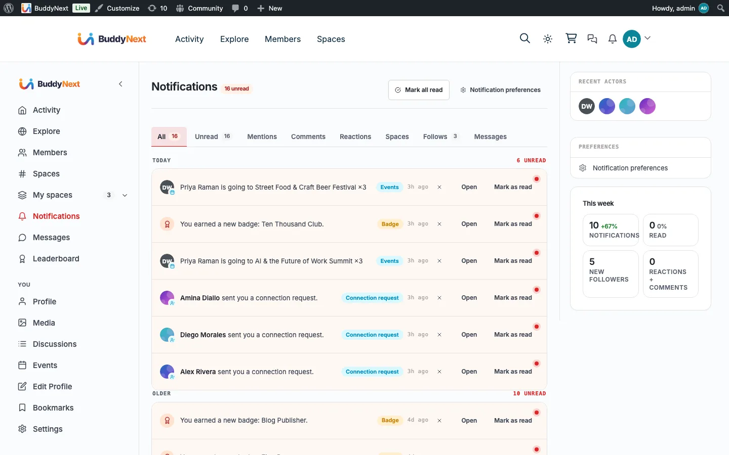 The notifications inbox backed by the bn_notifications and preference tables this schema page covers