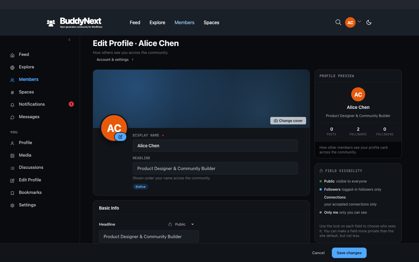 The Edit Profile form where members fill in profile fields like headline, bio, location and social links