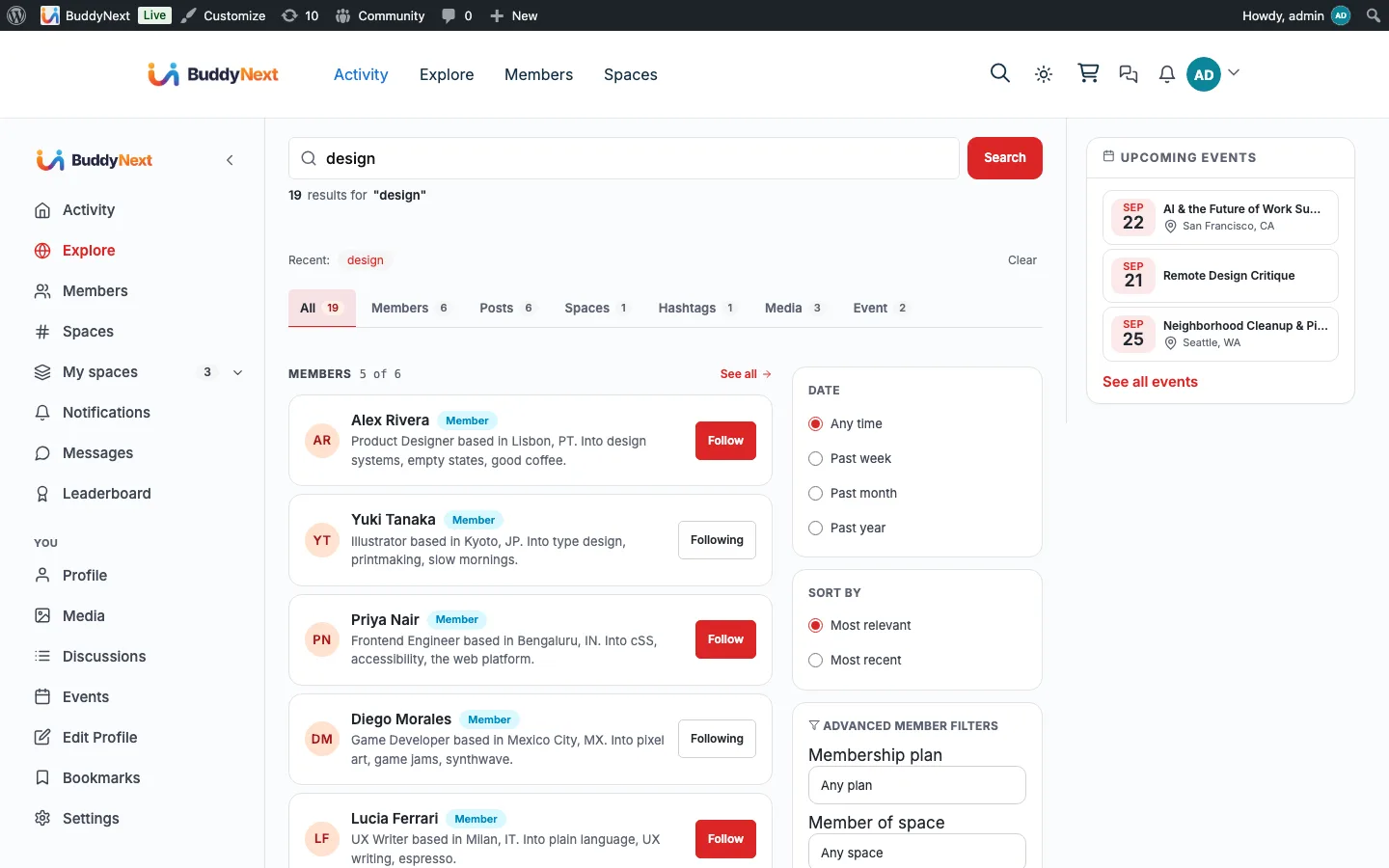The unified search results UI driven by the search and hashtag REST routes documented here