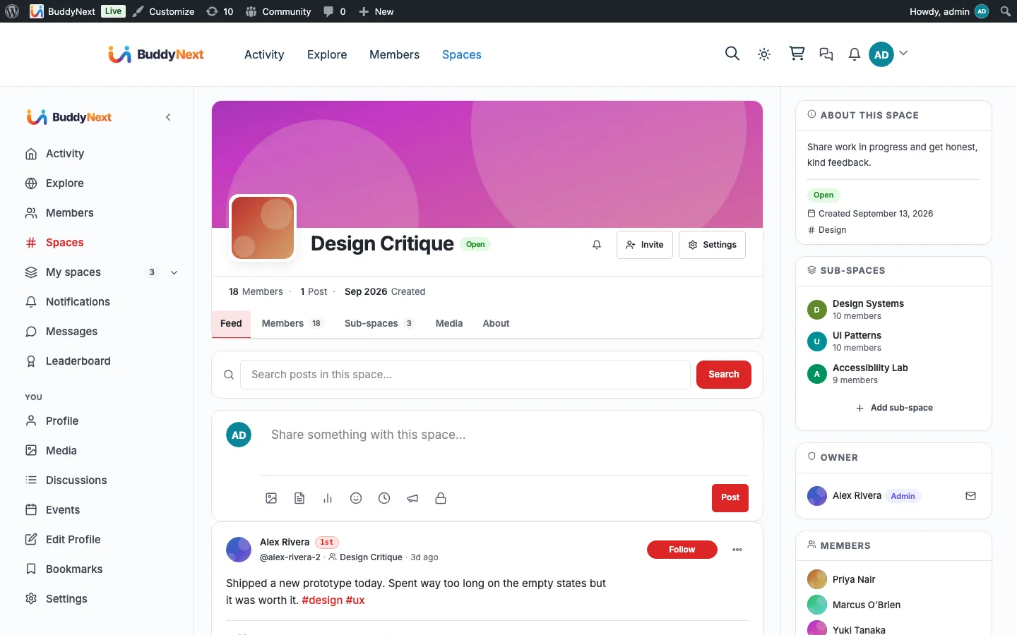 A BuddyNext space showing the Jetonomy-powered Discussions tab