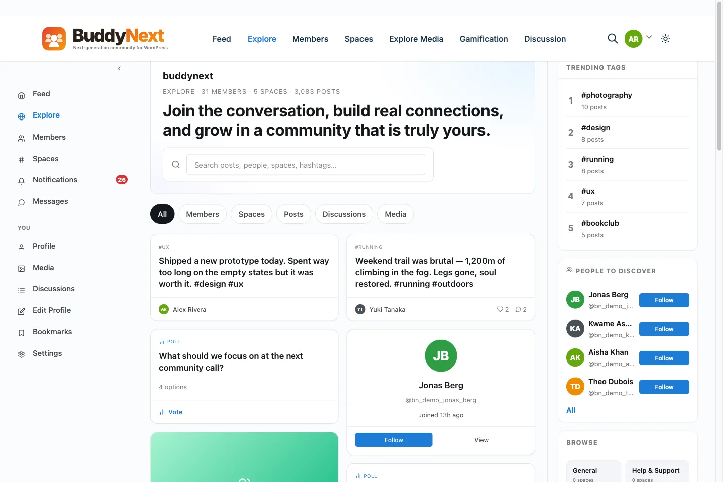 BuddyNext Explore screen